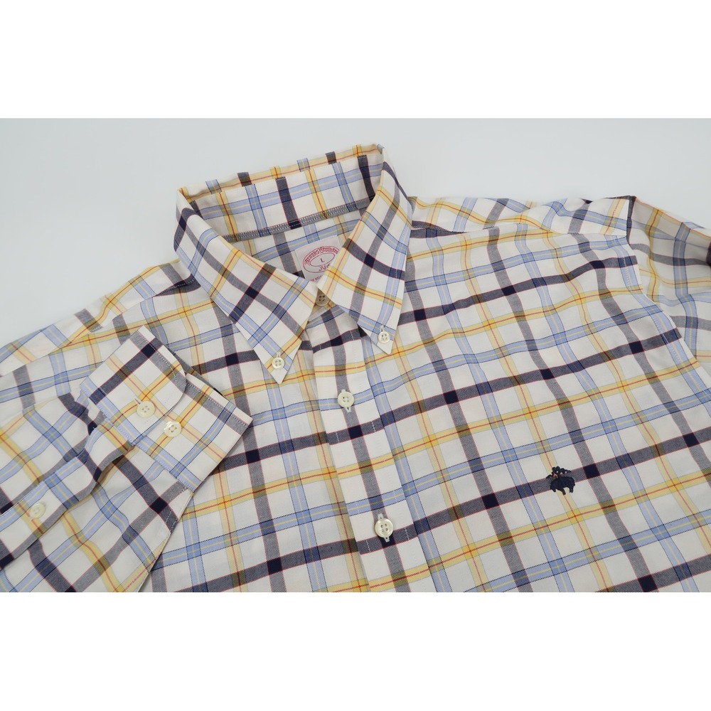 Brooks Brothers Button Down Shirt Mens Large White Blue Yellow Plaid Non-Iron